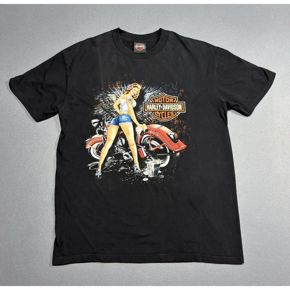 2011 Harley Davidson Pin Up Girl TShirt Large Sturgis MI Bike Wash Y2K Black